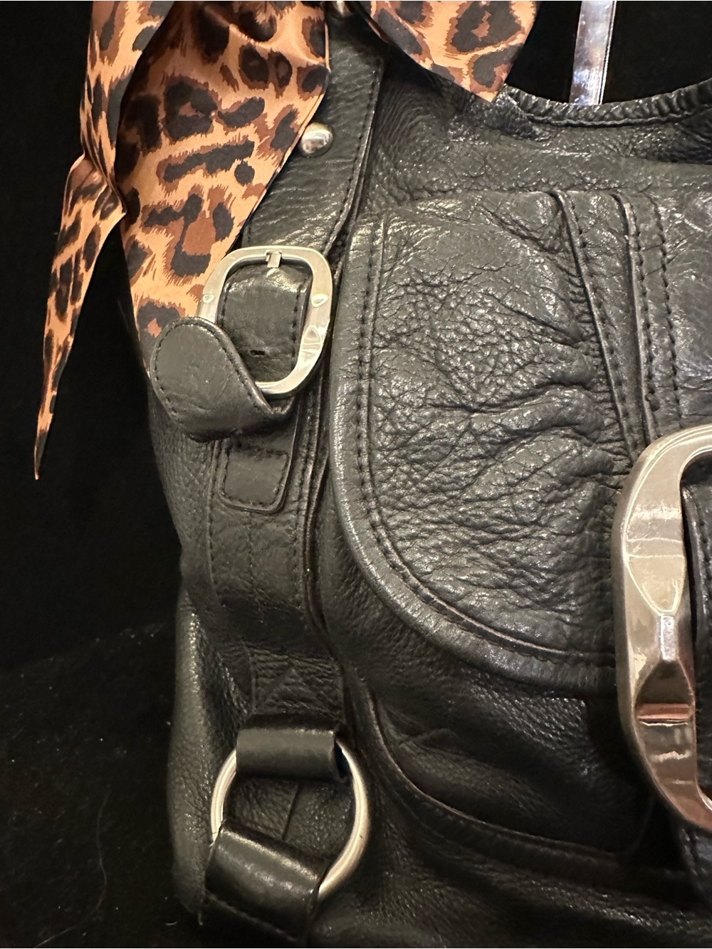 b. makowsky #230 Vintage Leather Black Shoulder Satchel with leopard interior - Picture 12 of 16